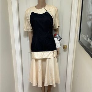 Vintage 80s Does 20s NWT All Silk Ivory and Black Skirt Blouse Set